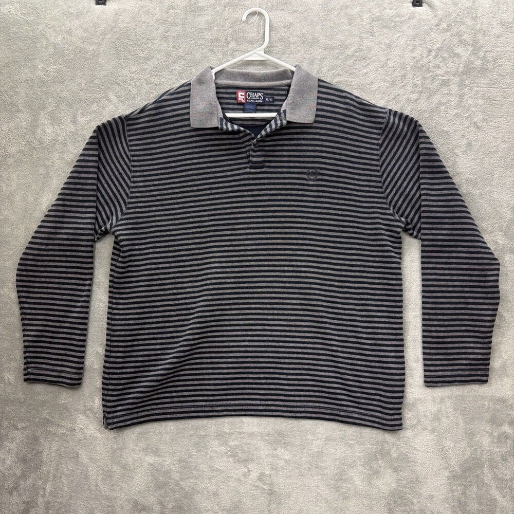 Chaps Ralph Lauren Polo Shirt Men XL Gray/Black Striped Long Sleeve Cotton Logo